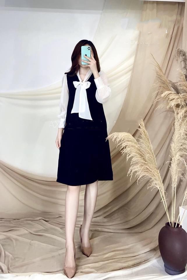 [Yến Trần] Đầm - Váy Suông Dài Tay Thắt Nơ Chất Đũi Xước Hàng Đẹp
