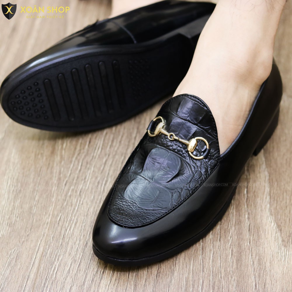 Giày Da Đen Bóng Nam Dập Vân Cá Sấu Đai Kim Vàng Mạ Chống Gỉ Đế Cao Su Đúc Mã L154 Hàng Việt Nam