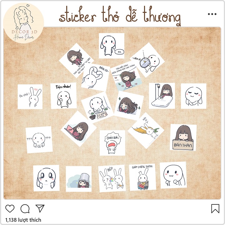 Set 100 Sticker Miếng Dán Trang Trí Hình Thỏ và Xoxo Dễ Thương