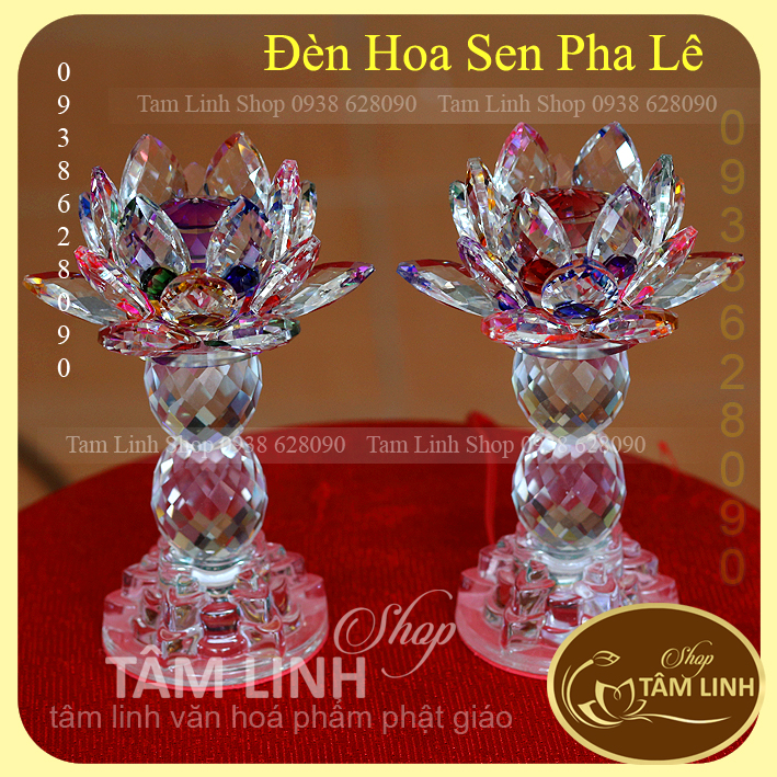 [Ảnh thật] Cặp Đèn Thờ Hoa Sen Pha Lê Cao 18.5 cm đèn LED đổi 7 màu
