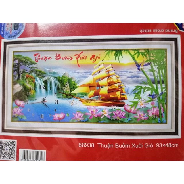 [HCM]Tranh thêu chữ thập thuận buồm xuôi gió thuyền vàng hoa sen 88938 - kích thước 93 * 48