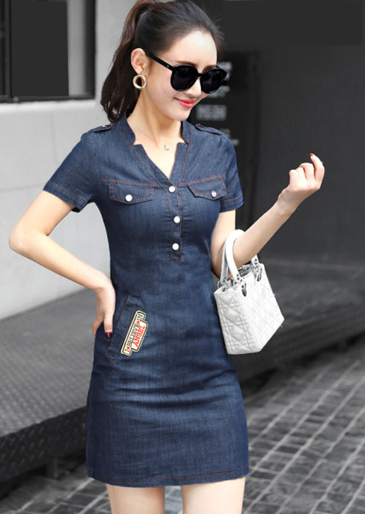 [HCM]Đầm Jean Nữ Thêu Logo Túi Ôm Body