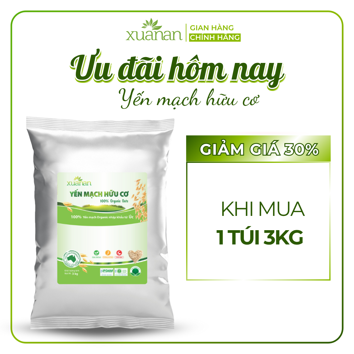 Yến Mạch Hữu Cơ Xuân An [ko đường] Túi 3Kg [cán dẹt] (Giảm 20%)