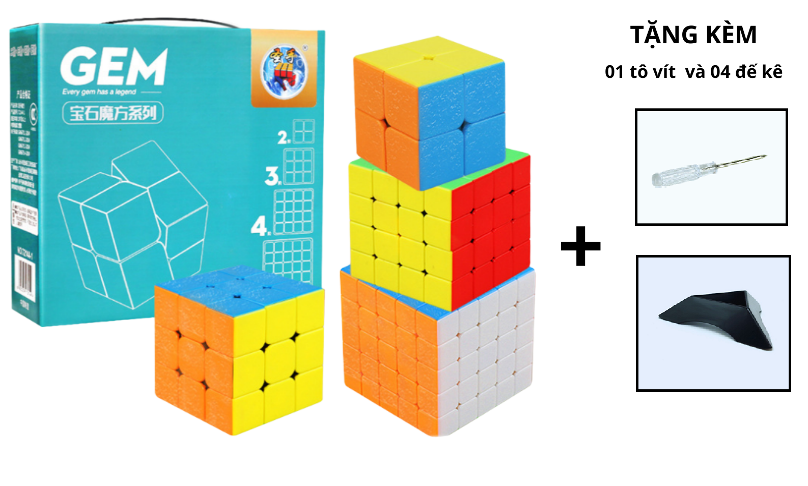 Combo 4 rubik stickerless 2x2 3x3 4x4 5x5  Gem Sengso cao cấp