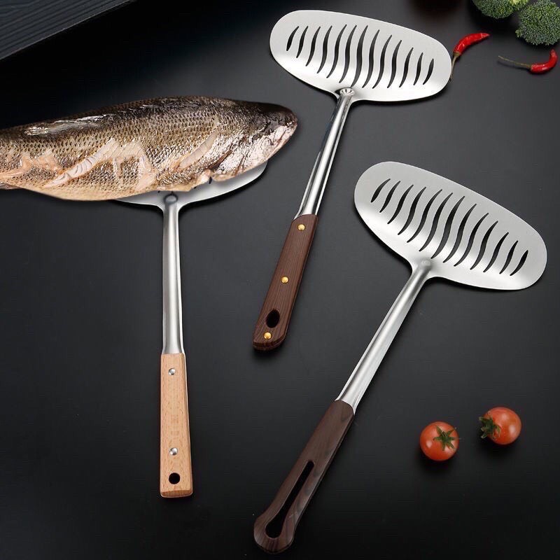 Xẻng INOX lật ,chiên cá tay cầm bọc gỗ chống nóng thuận lợi- Xẻng chiên cá lật nguyên con tiện lợi