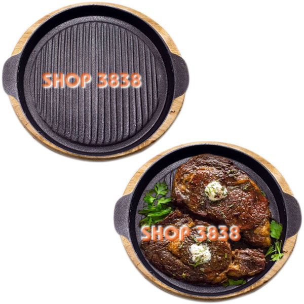 M Chảo Gang Nướng Chống Dính - Đế Gỗ ( Lựa Size 20-22-24 ) Làm Steak Bò Nướng , BBQ