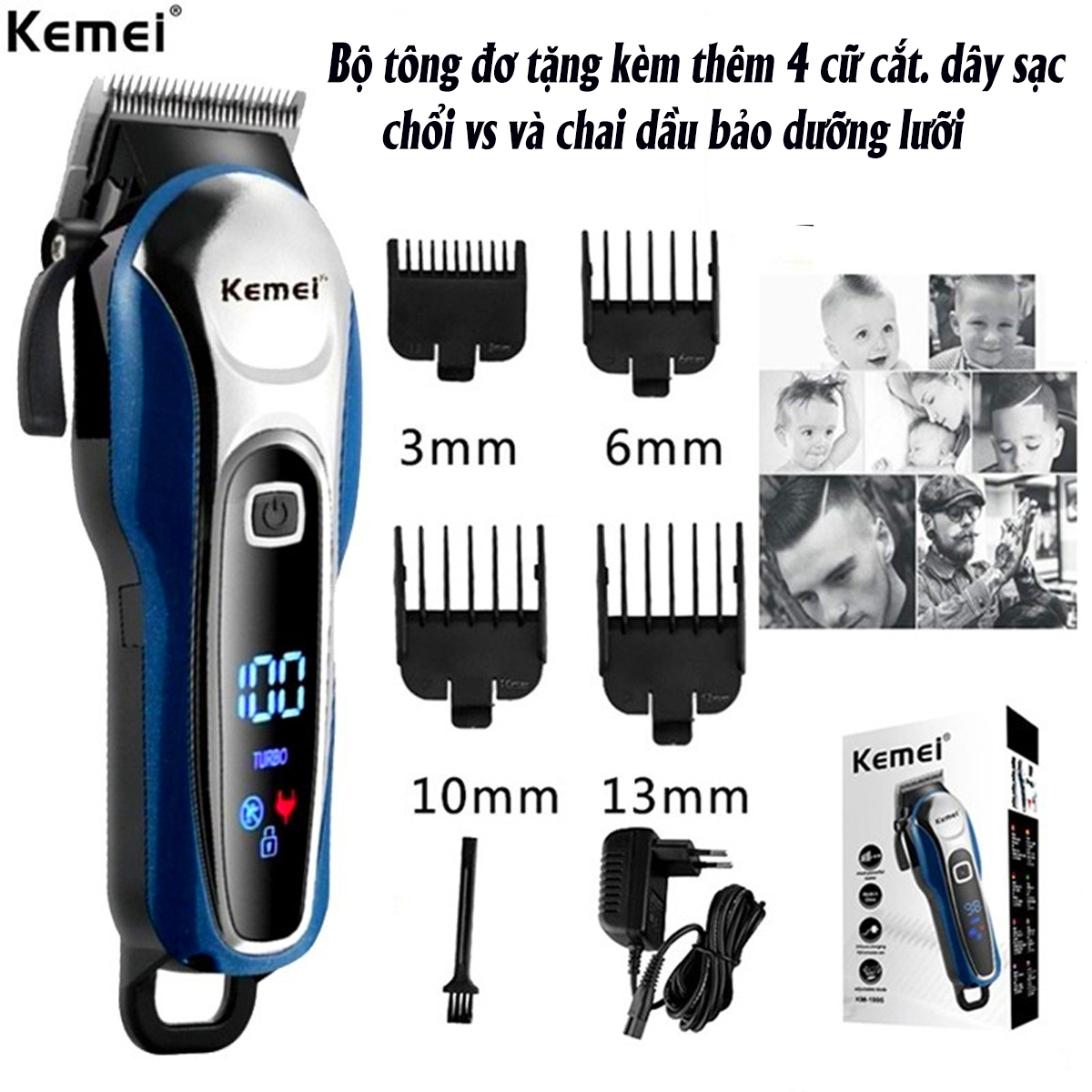 Tông đơ cắt tóc không dây chuyên nghiệp Kemei 1995 Tăng Đơ Hớt Tóc, Máy Cắt Tóc Chuyên Nghiệp Gia Đình,Trẻ Em, màn LCD, chống rung, chống ồn