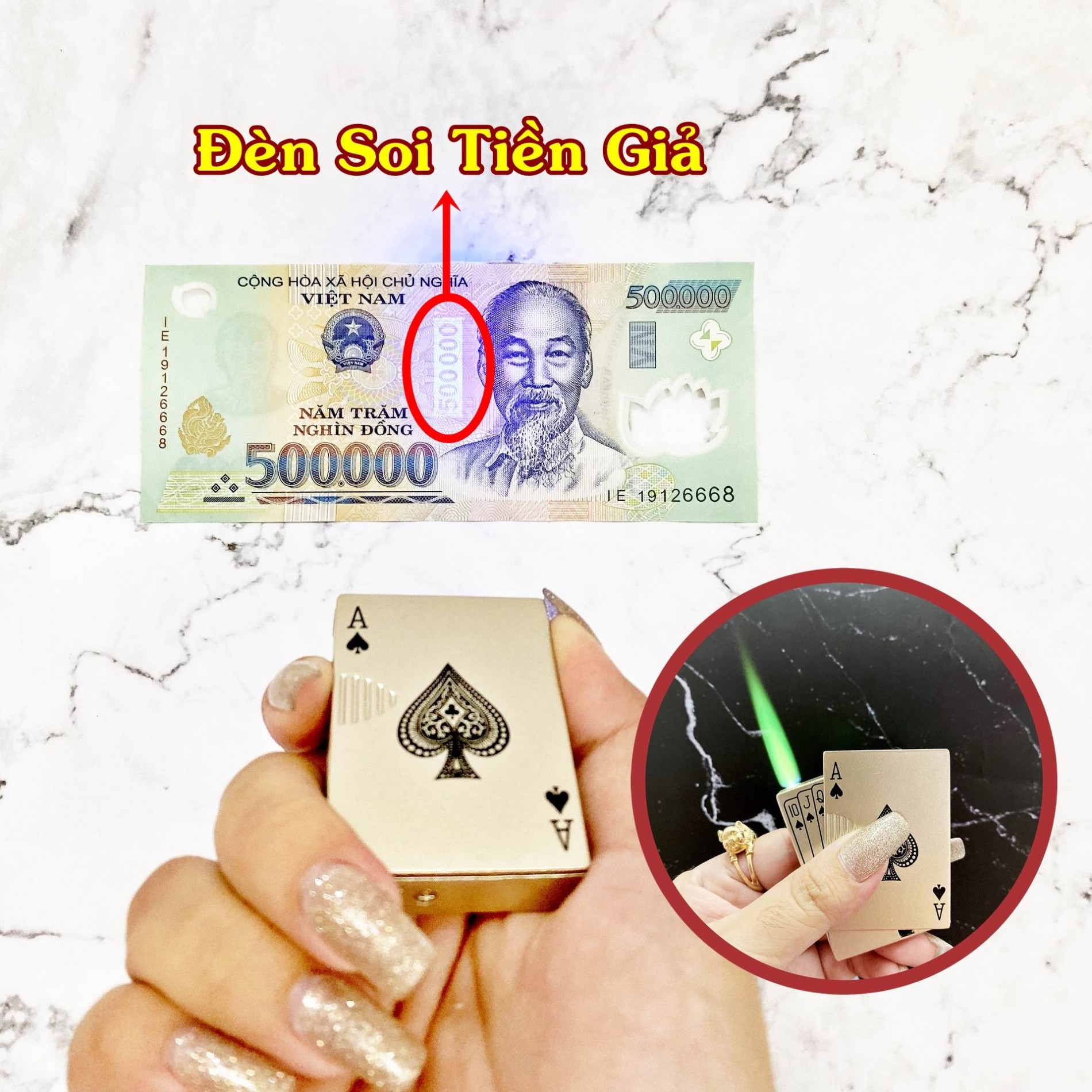 BẬT LỬA KHÈ HÌNH LÁ BÀI - CÓ ĐÈN SOI TIỀN GIẢ - (XÀI GAS )