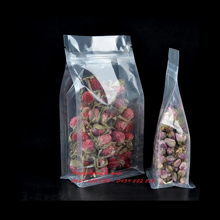 - túi zipper trong 8 cạnh đáy vuông, đựng bánh, mứt, trà, cafe