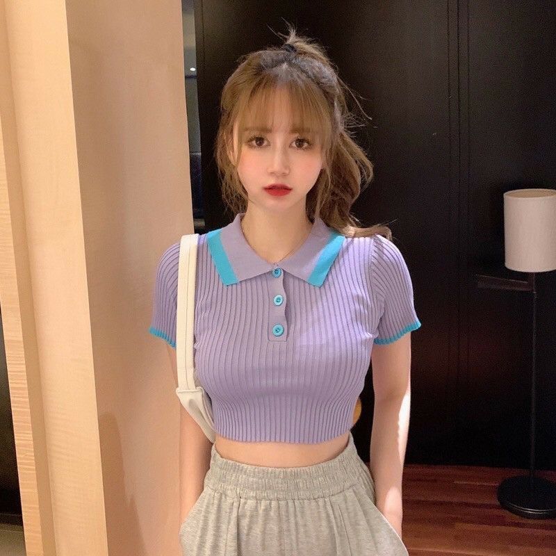 Áo len mông cộc tay croptop cổ bẻ pha viền cổ hot hit