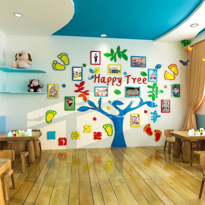 Tranh dán tường cho bé, tranh mica 3D - happy tree, trang trí mầm non, trang trí khu vui chơi trẻ em