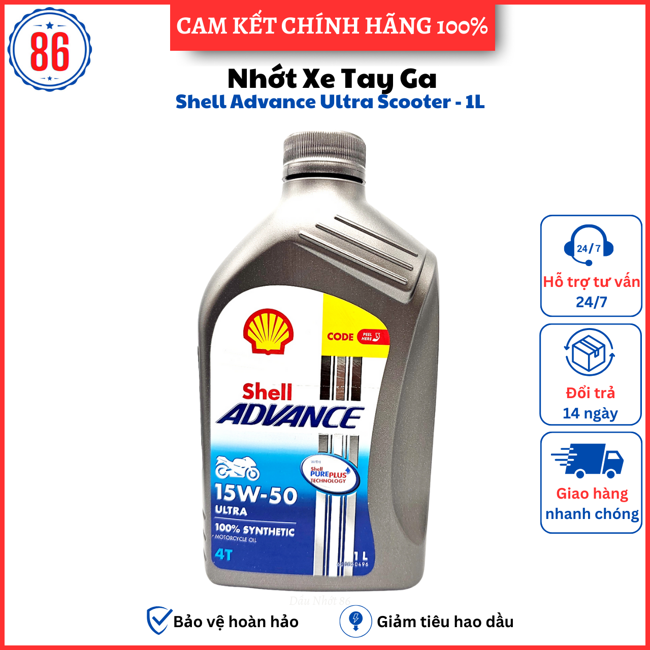 [HCM]NHỚT TỔNG HỢP 100% SHELL ADVANCE ULTRA 15W50 1L CHUYÊN DÀNH CHO XE MOTOPHÂN KHỐI LỚN..