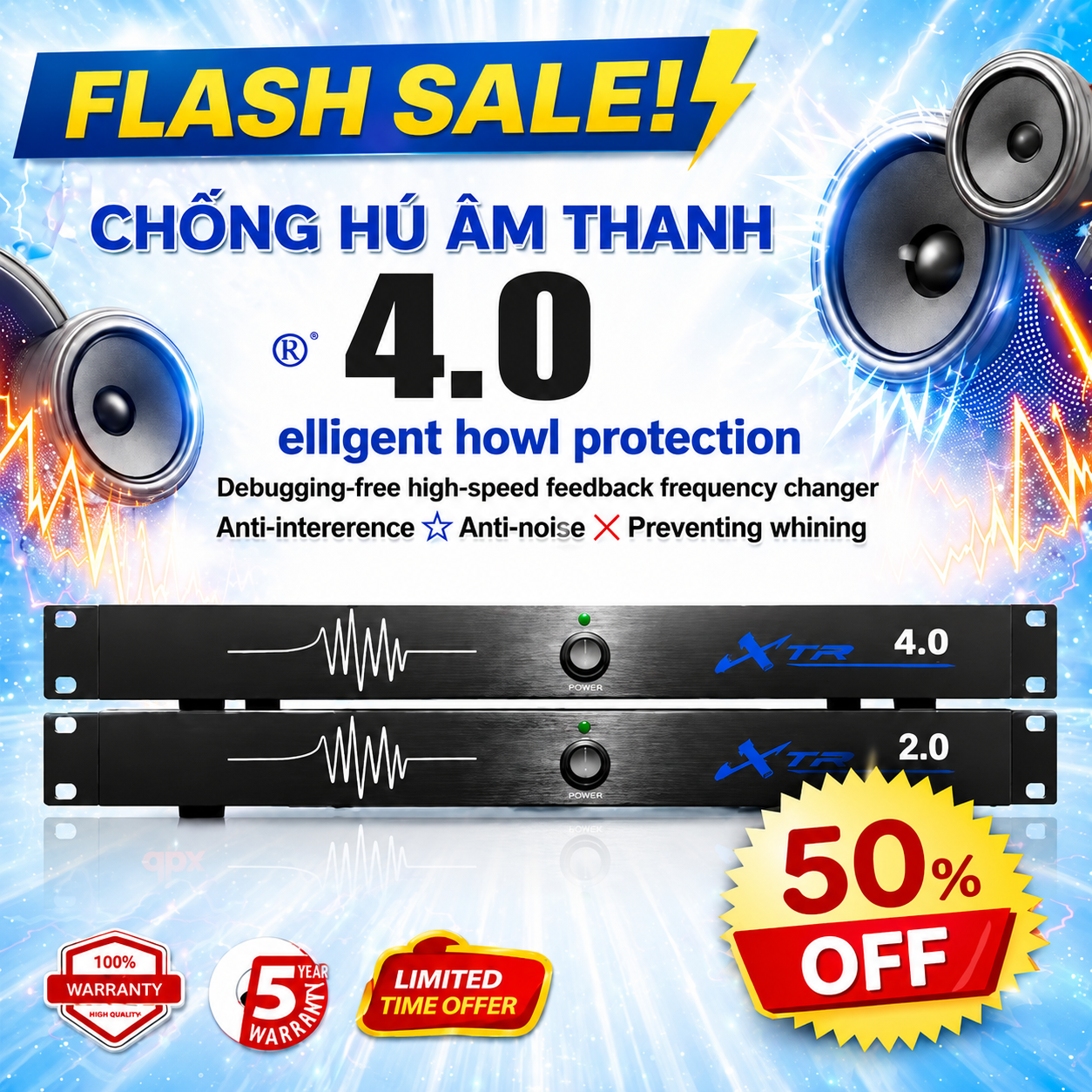 Thiết Bị Chống Hú Micro Feed Back 4.0, Hàng Chất Lượng Vỏ Màu Nâu Đỏ. BH 12 THÁNG