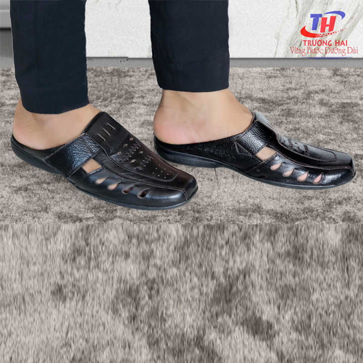 Giày Sabo Nam da bò đục lỗ thoáng khí màu đen Trường Hải đế bằng may chắc chắn TH238