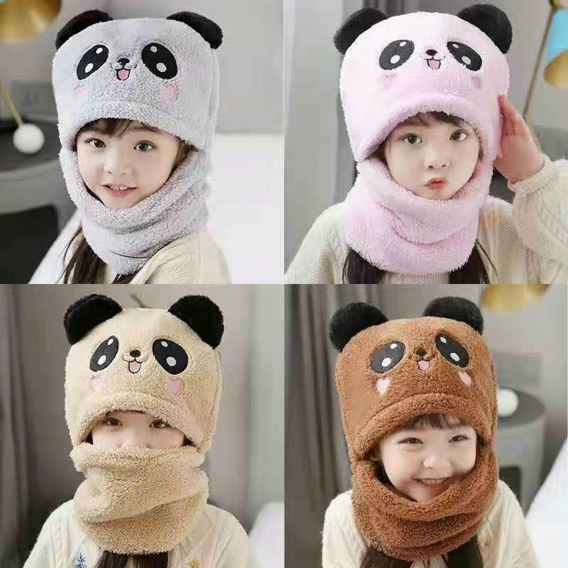 Mũ lông cừu kèm khăn hình gấu Panda cho bé ,Nón len trẻ em lông cừu liền khăn cổ hình gấu ấm áp mùa đông