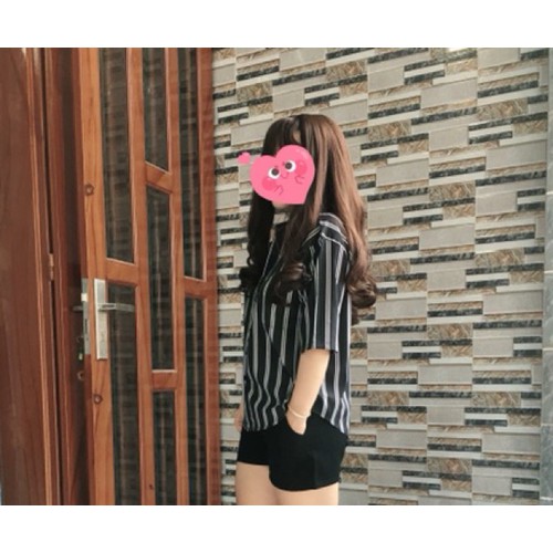Áo Sơ mi oversize đen 2 sọc trắng - tay ngắn