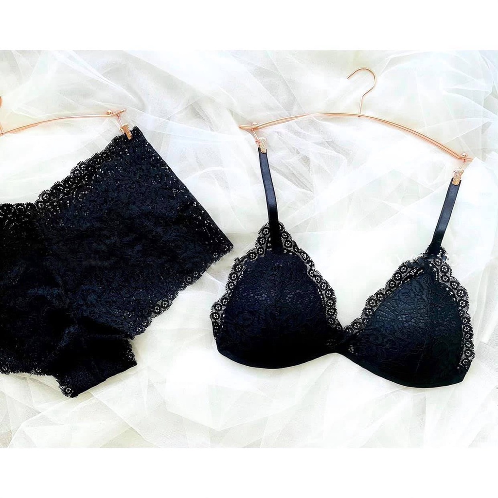 Bộ đồ lót ren đùi đen cao cấp FREESHIP Bộ đồ lót Bralette ren đùi đen hàng thiết kế có mút mỏng không gọng
