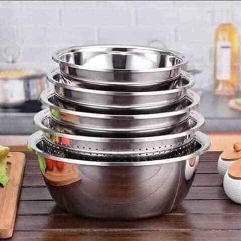 Sét rổ 5 món inox – Đồ dùng nhà bếp cho gia đình - Combo 5 món rổ chậu cao cấp - Bộ thau rổ inox 5 món đa năng