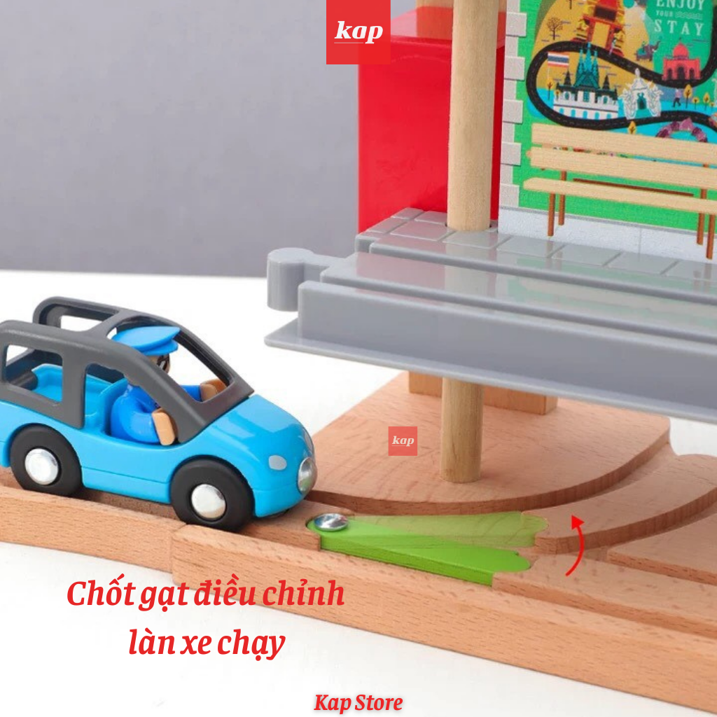 Trạm nhà ga xe lửa, bến phà, phụ kiện mô hình đường ray xe lửa gỗ (kèm 1 xe ngẫu nhiên)