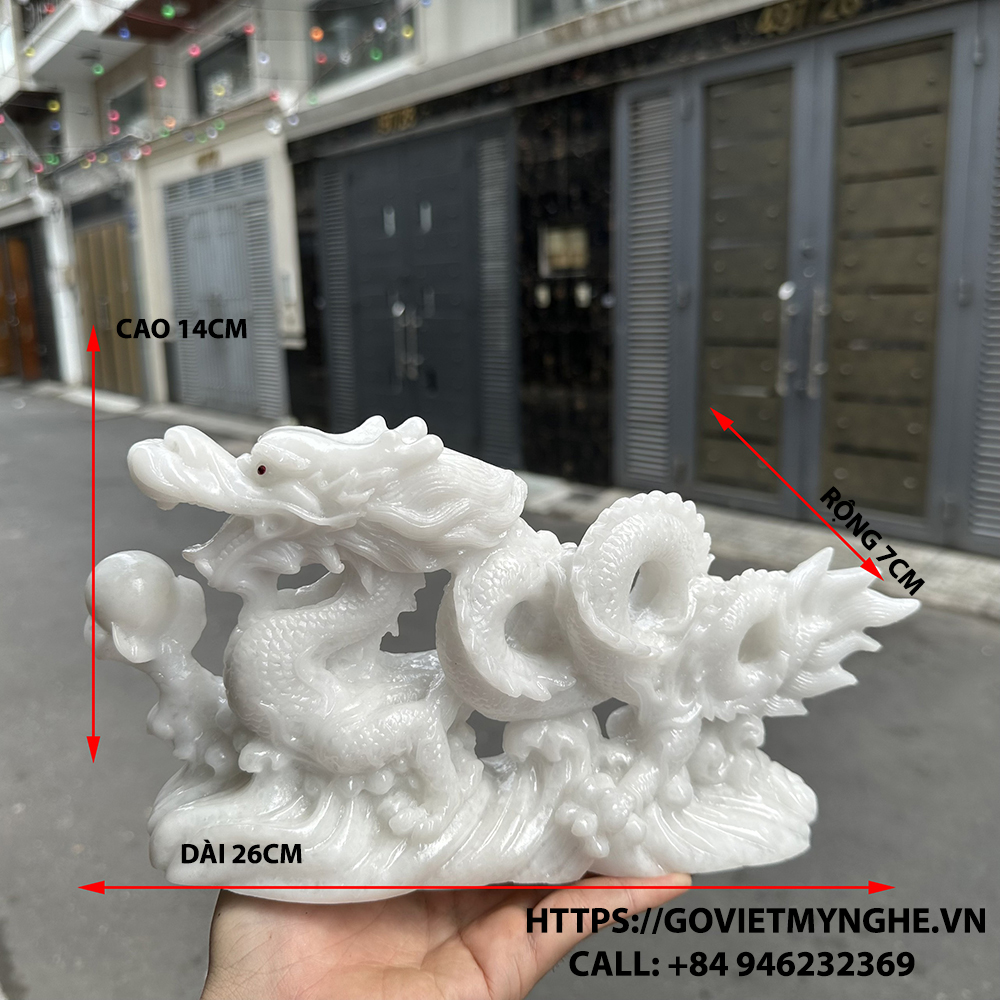Feng Shui display dragon statue-peacock feather white ice-26cm long