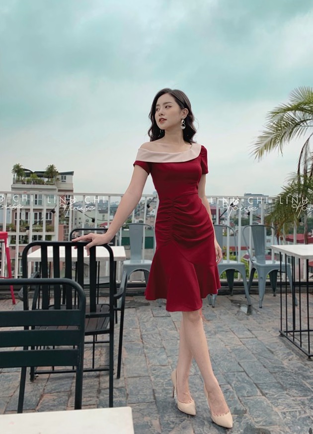 Đầm nữ đuôi cá lệch vai nhún eo by8132