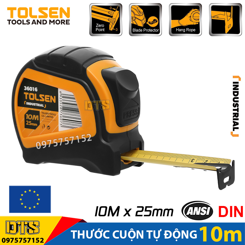 Thước cuộn tự động 10m TOLSEN, thước kéo thép nền vàng công nghiệp vỏ nhựa ABS chống va đập phủ TPR cầm thoải mái, thước đo có độ chính xác cao MID lớp 2 - Tiêu chuẩn xuất khẩu châu Âu, thước rút, thước cuộn thép thước dây