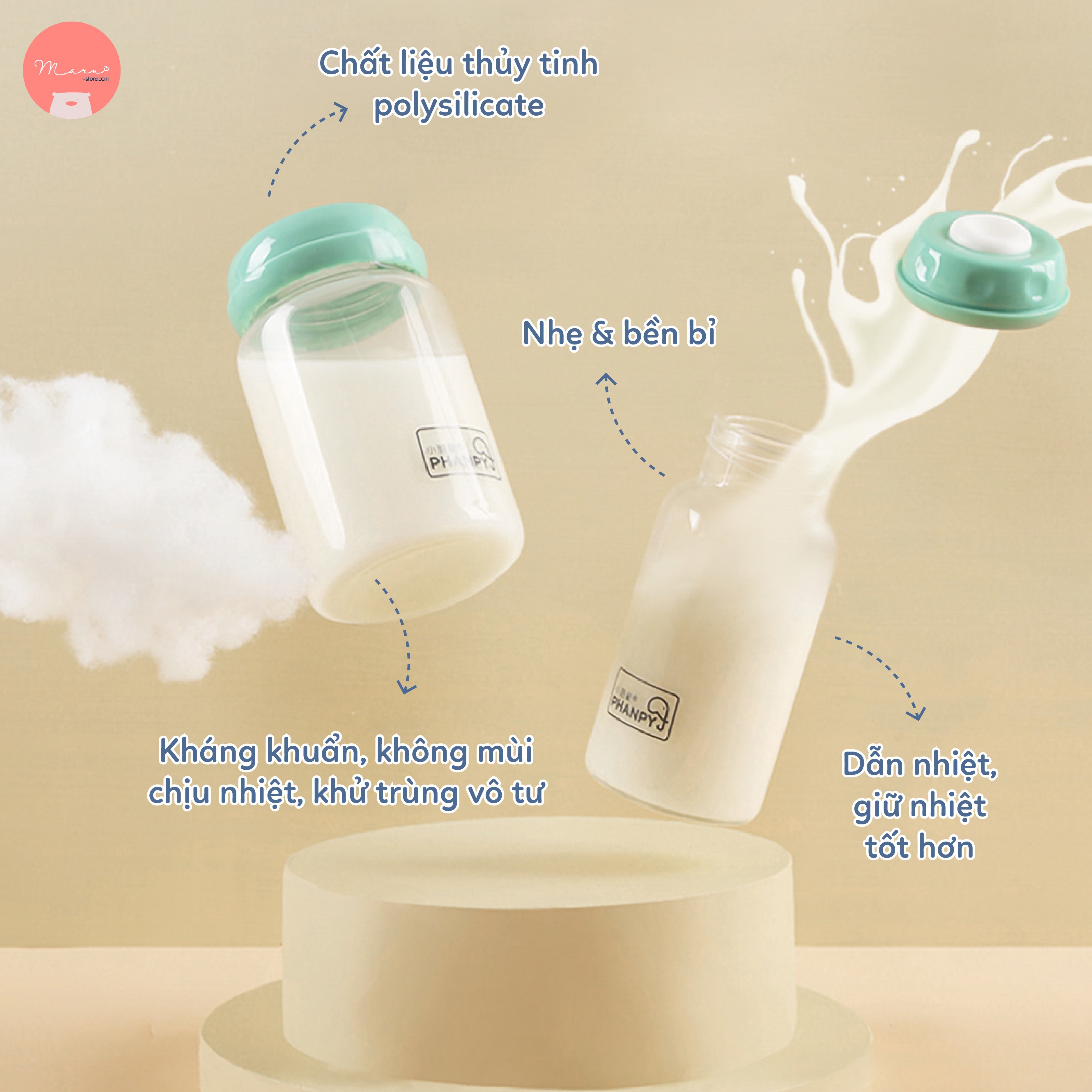 [Có sẵn] Bình đựng sữa thuỷ tinh 180ml PHANPY (bộ