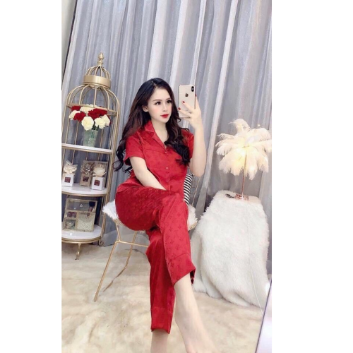 Bộ Pijama Cao Cấp Chất Lụa Gấm Tay cộc - Quần Dài