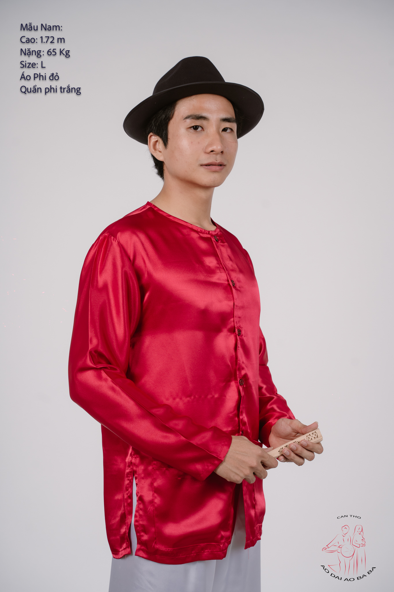 Bộ áo bà ba nam phối áo phi đỏ + Quần phi trắng - Có bộ bà ba Bigsize