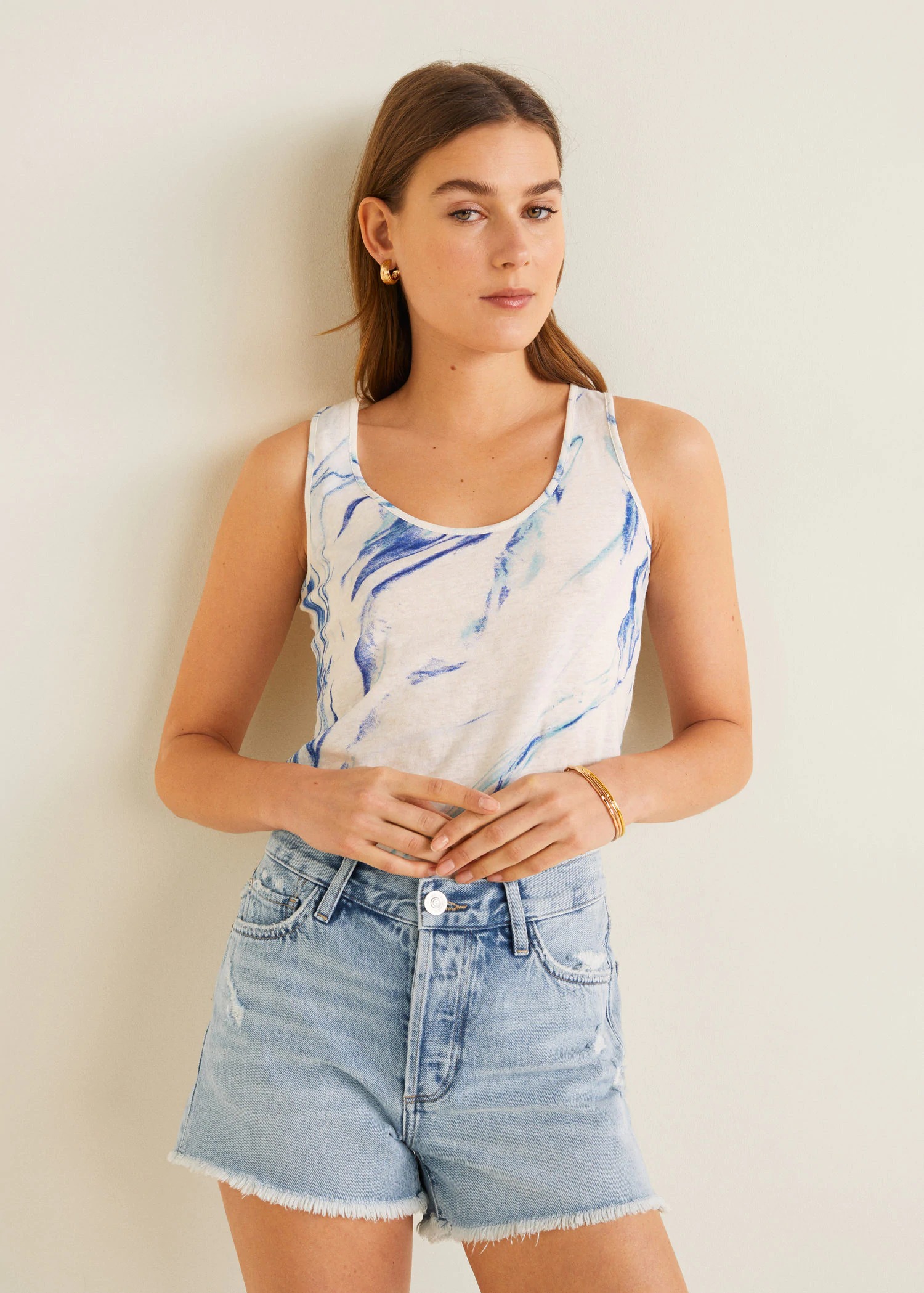 Quần Short Nữ Mango Frayed Hem Denim Shorts Light Blue