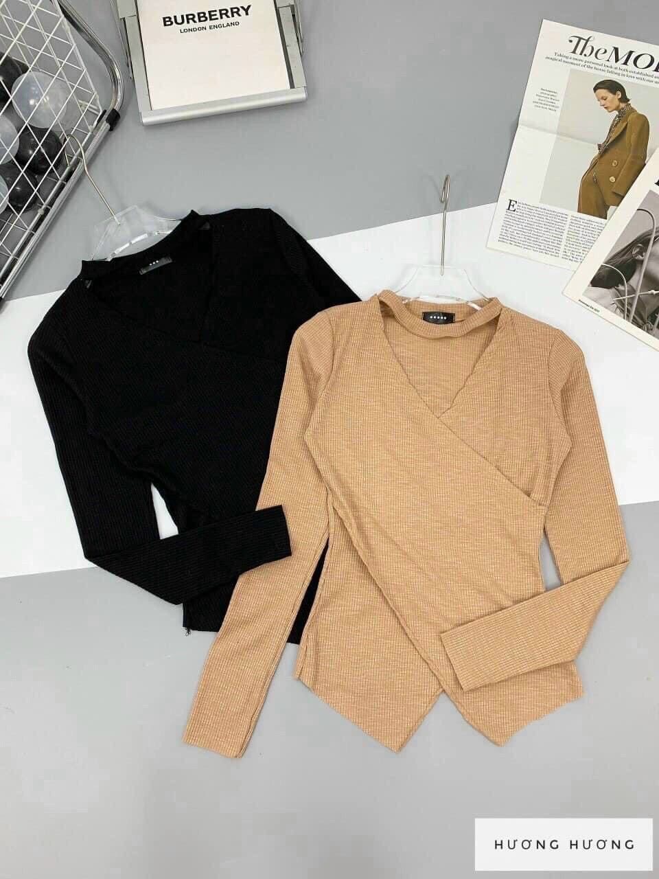 Áo thun gân cổ V đắp chéo ôm body tay dài form đẹp cổ chocker, chất thun gân len xịn