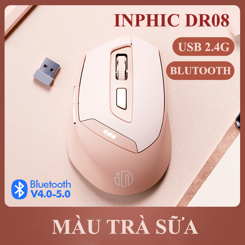 Chuột không dây pin sạc INPHIC DR8 hỗ trợ wireless kiêm bluetooth 4.0 / 5.0 - Silent click không âm thanh (hồng kute) Nhất Tín Computer