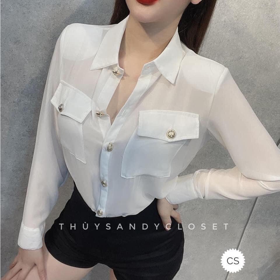 Áo Sơ Mi Khuy Đồng Chất Voan Lụa Mỏng Sexy