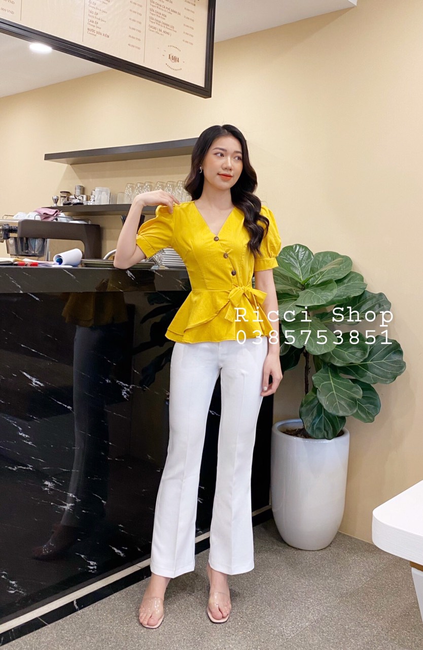 Áo sơ mi cổ V tay bồng,buộc nơ eo - A121 - Ricci