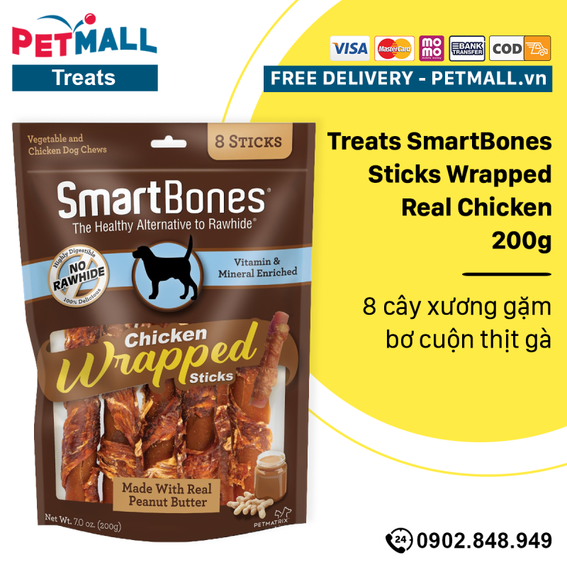 Treats SmartBones Sticks Wrapped Real Chicken 200g - 8 cây xương gặm bơ cuộn thịt gà Petmall