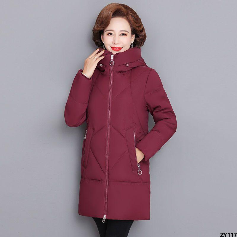 Áo khoác đệm bông kiểu mới áo khoác đệm bông cho người trung niên và cao tuổi kiểu hot dày dặn dài vừa phải size lớn áo khoác đệm bông cho bà mẹ có mũ trùm