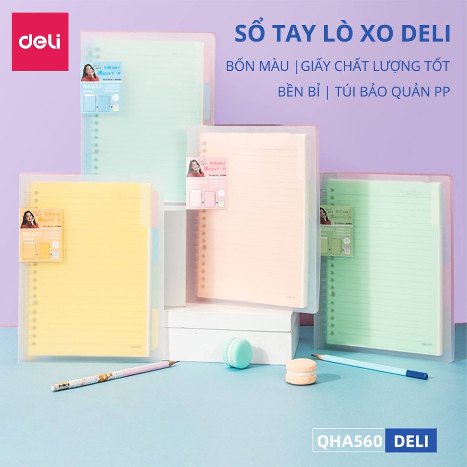Sổ tay ghi chép deli - kèm lõi giấy gáy lò xo - khổ a5/b5 - bìa còng - xanh dương/hồng/vàng/xanh lá - qha560 / qhb560 .