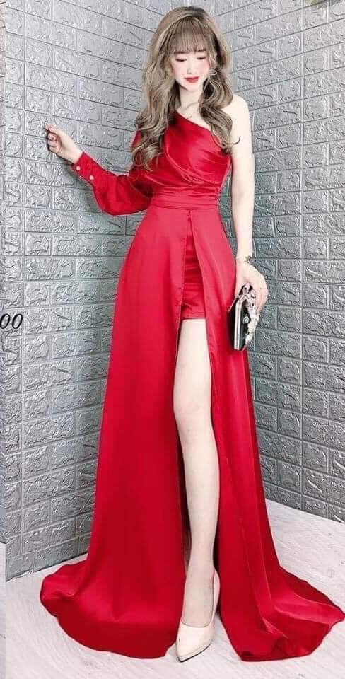 [HCM]Đầm Xòe Dự Tiệc Lệch Vai Xẻ Đùi
