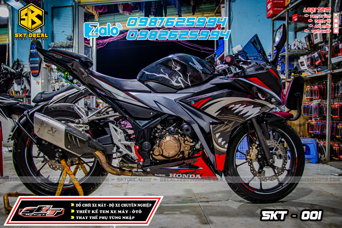 tem trùm xe cbr đen bạc cá mập