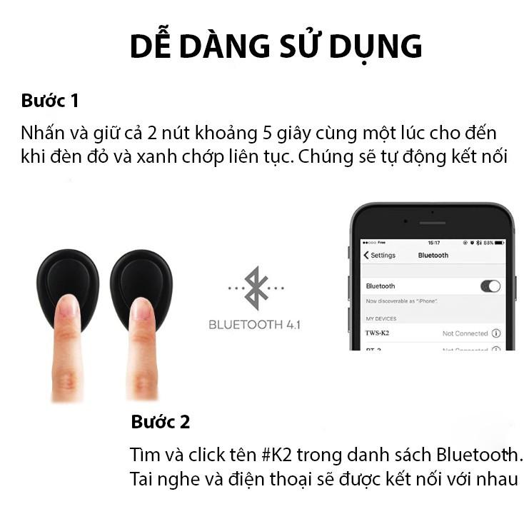 Tai Nghe Bluetooth TWS-K2 Wireless Earbuds IOS/Android V4.1 - Có Dock Sạc (Nghe 2 Tai Âm Thanh Hay, Pin Trâu)