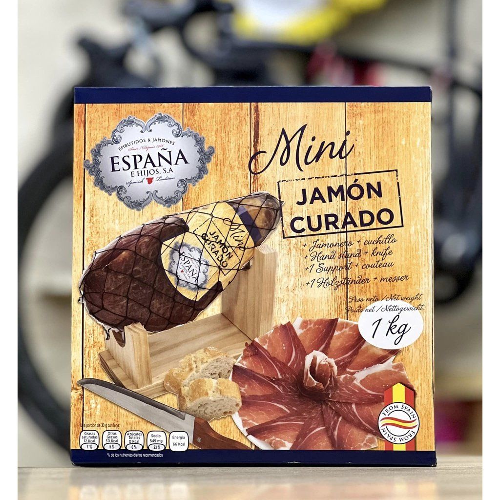 Đùi heo muối Espana Mini Jamon Curado Tây Ban Nha 1kg, heo trắng ủ muối 16 tháng xông khói, quà tết