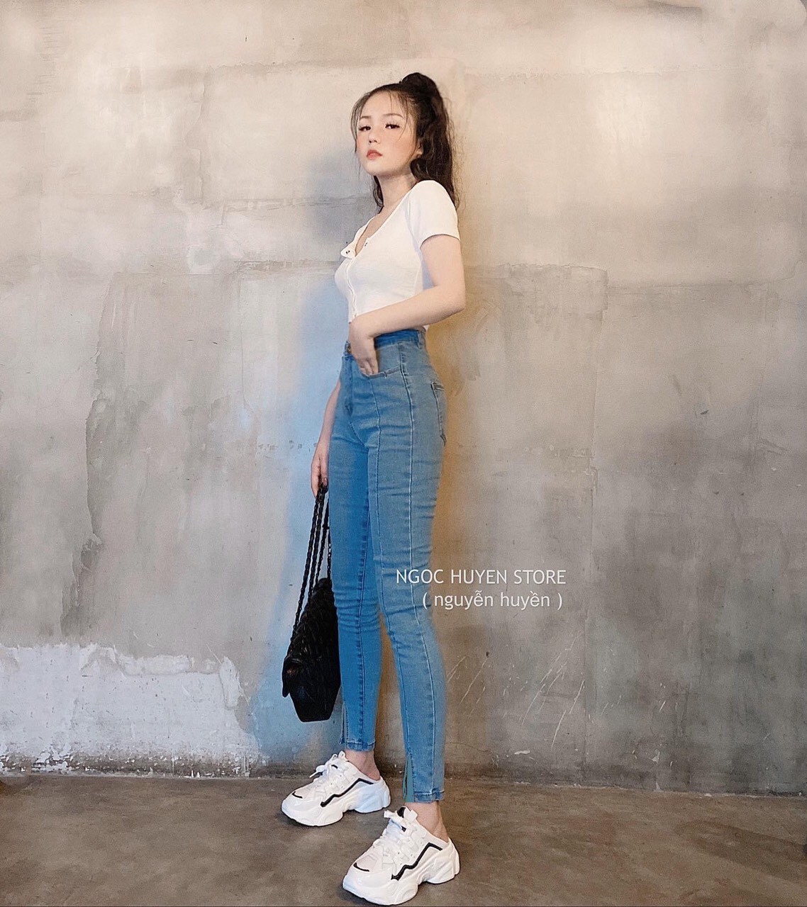 QUẦN JEAN NỮ CẠP CAO HAI NÚT XẾP LI SNU