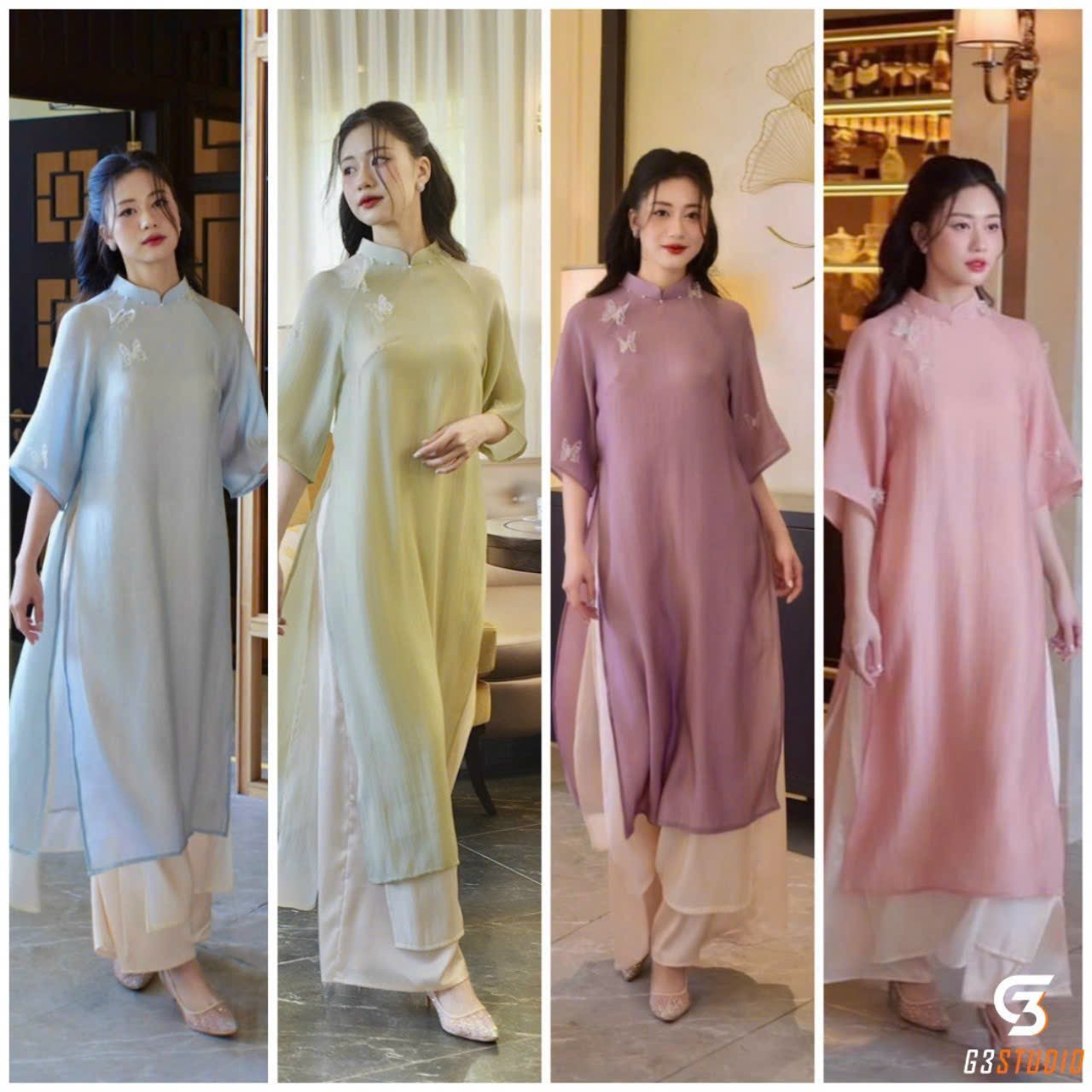 Áo Dài Tết Cách Tân [H&H] Áo Dài Truyền Thống Nữ 4 Tà May Sẵn Dáng Xuông Đính Kèm Họa Tiết Xinh Chất Liệu Lụa Tơ Óng Mẫu Tay Lửng