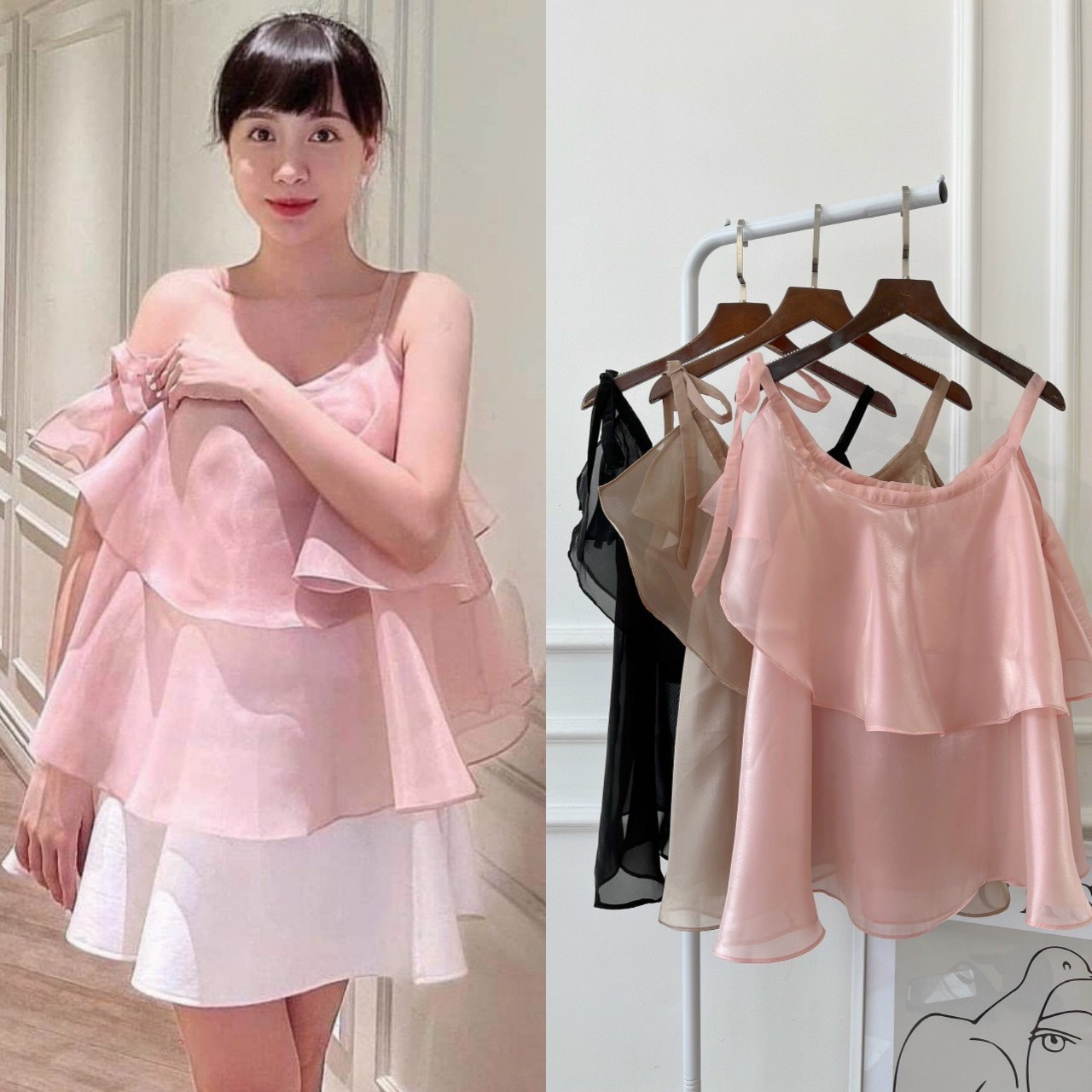 [Ảnh thật] Áo 2 dây bèo cột nơ lệch tà chất oganza xịn