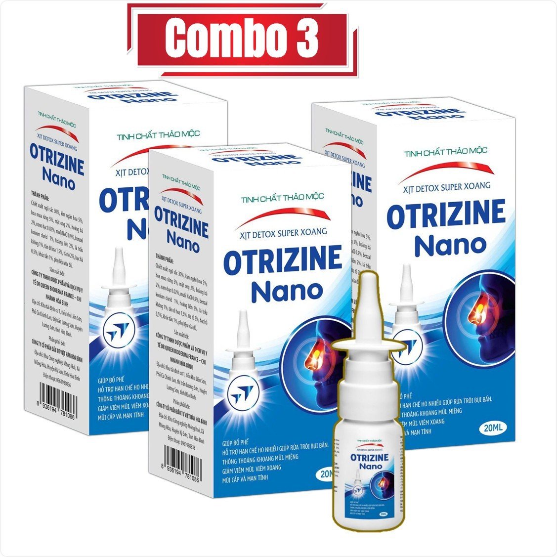 Combo 3 hộp Xịt Xoang Otrizine Nano giúp làm giảm các triệu chứng của viêm xoang cấp, ngăn ngừa viêm xoang tái phát,giảm viêm mũi, viêm xoang cấp,mãn - Tuấn Vy Mart