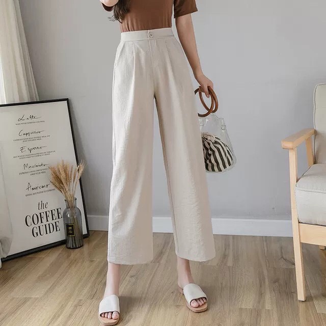 Quần ống rộng nữ lưng cao đũi xước hàn