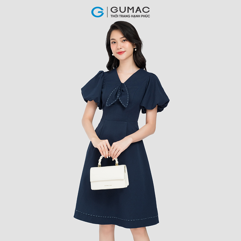 Đầm form A GUMAC, đầm nơ cổ phối chỉ DC08037