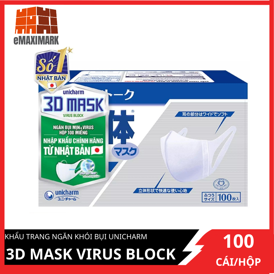 HCM ship 2h Hộp Khẩu Trang Unicharm 3D Mask Virus Block Ngăn Virus 100 cái