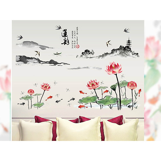 Decal dán tường tết mẫu đơn chim én và sen phong thủy