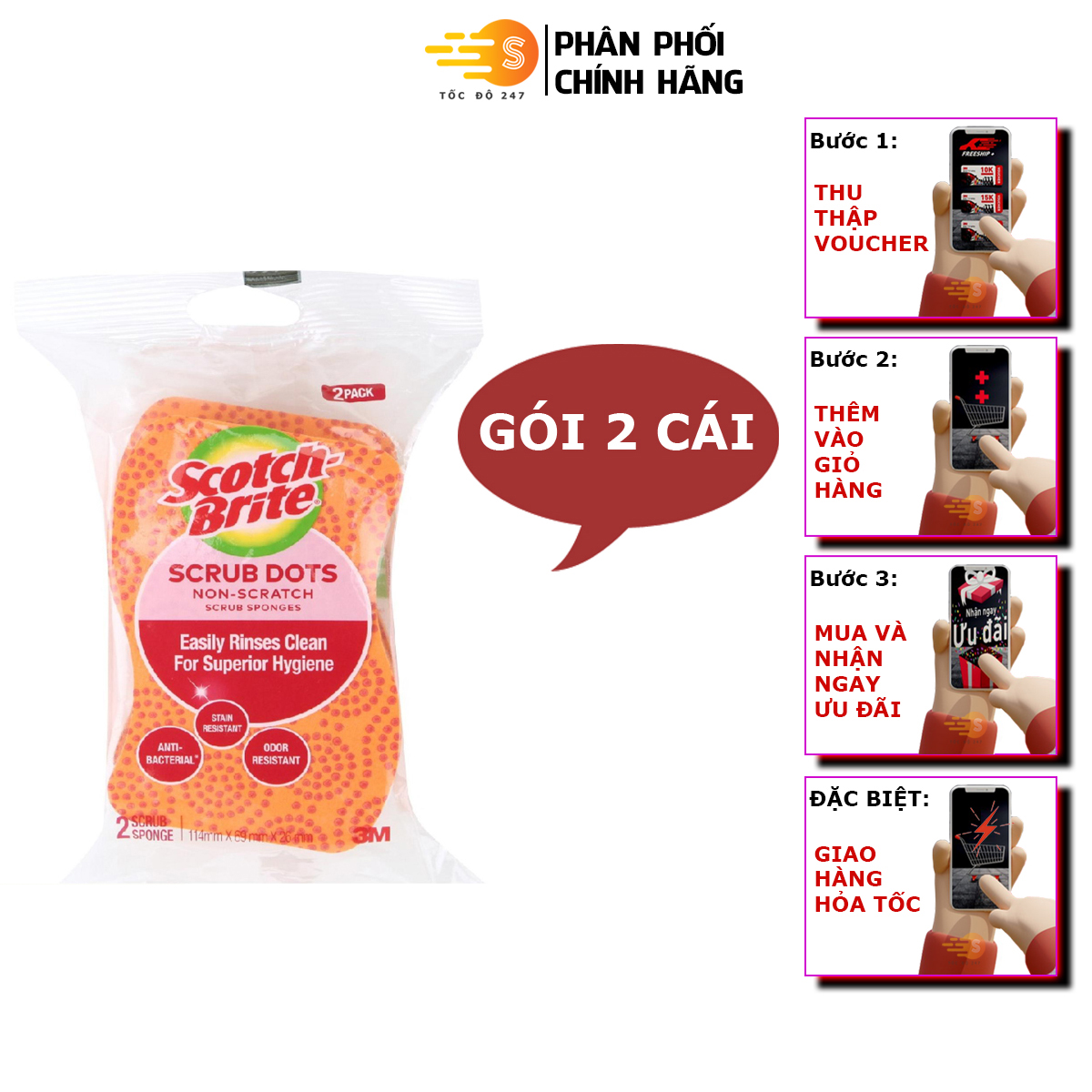 Gói 2 miếng rửa chén hạt nổi siêu sạch không trầy xước Scotch-Brite 3M CR-HNKT - Tốc Độ 247 - Hiện đại, siêu sạch, không gây trầy xước